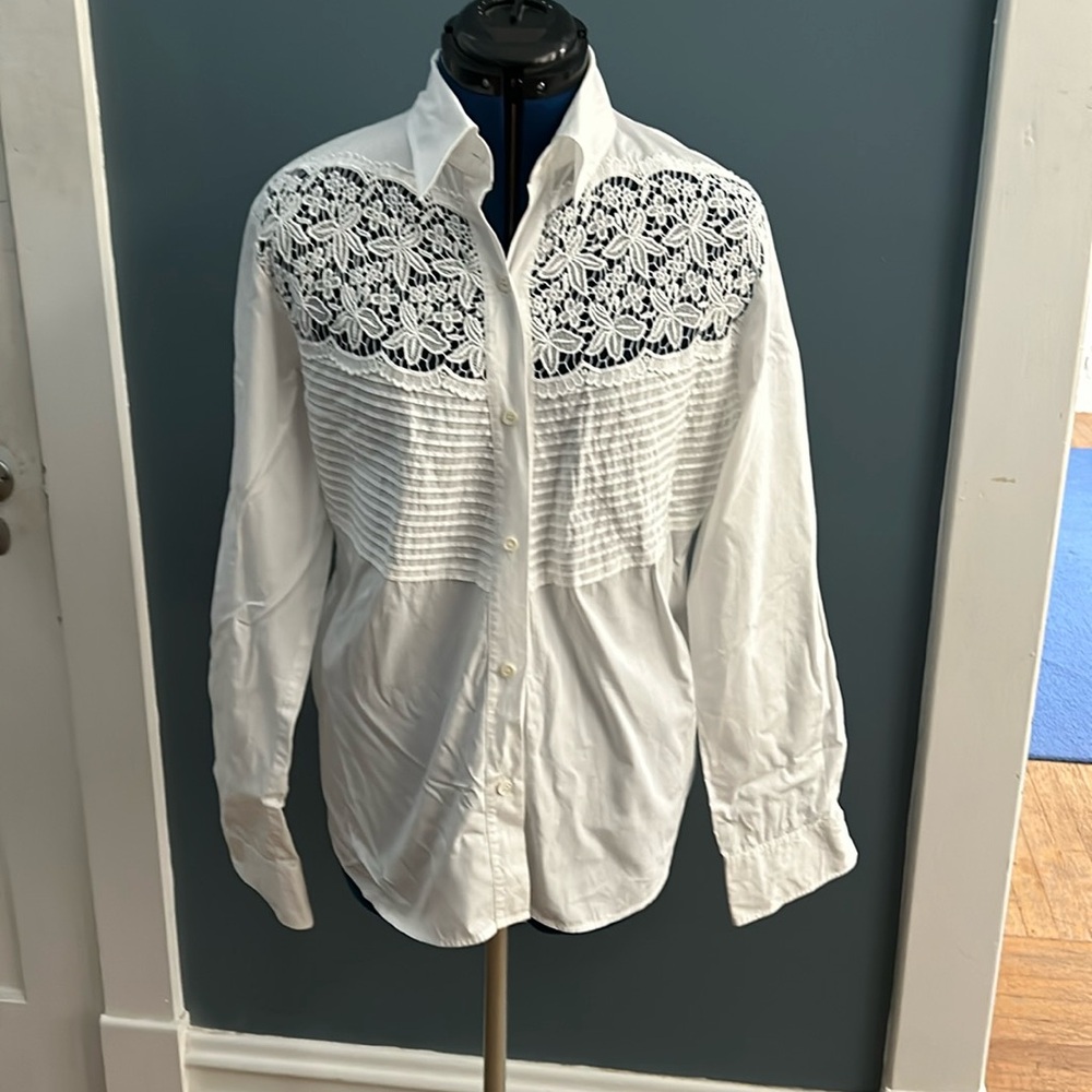 Doncaster White Cotton Lace Button Down Long Sleeve Shirt 12  large
